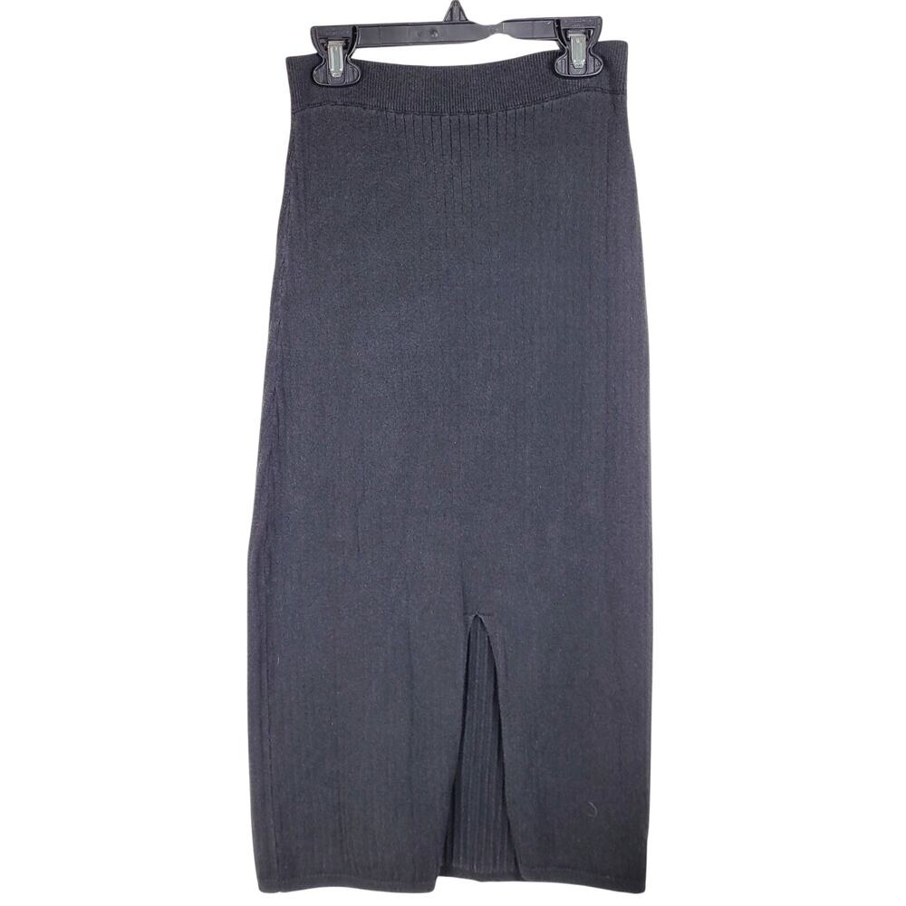 Free People Black Ribbed Midi Skirt with Front Slit